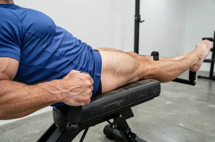 Gros plan sur la contraction abdominale d'un sportif exécutant un relevé de jambes tendues sur chaise romaine en studio de fitness