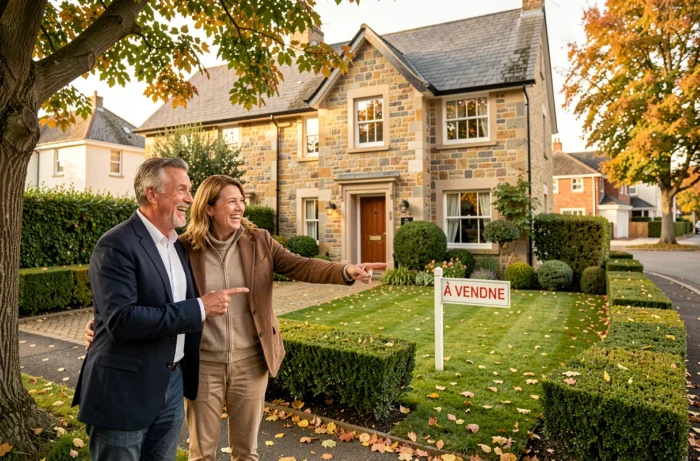 Couple devant une maison en pierre à vendre dans un quartier résidentiel calme avec jardin aménagé