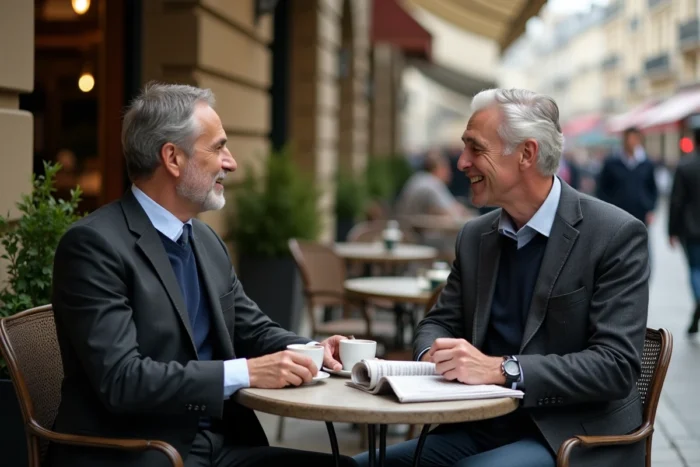 Deux hommes en discussion à la terrasse d'un café parisien, évoquant la vie de couple et les relations privées d'une personnalité publique