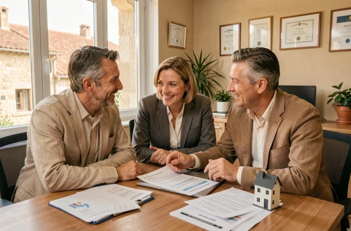 Couple consultant un conseiller bancaire pour un crédit immobilier à Pézenas