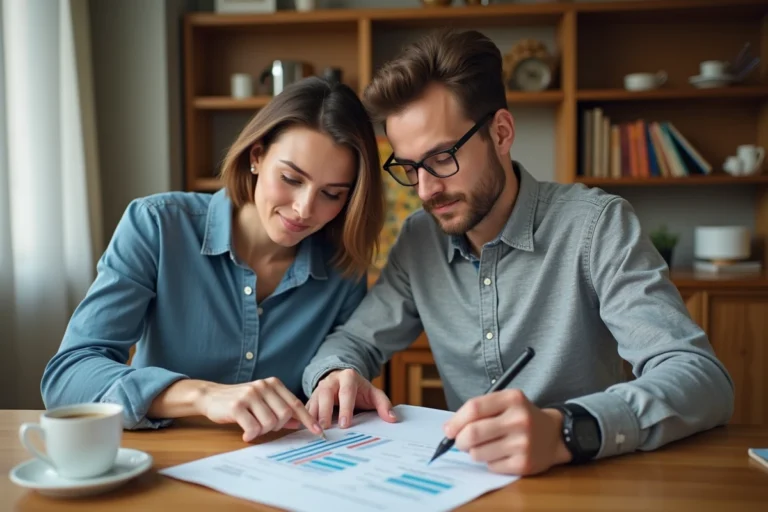 Couple examinant les documents d'une hypothèque pour un prêt immobilier en 2024