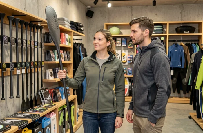 Deux personnes comparant des pagaies de stand-up paddle dans un magasin de sports nautiques, évaluant les équipements disponibles
