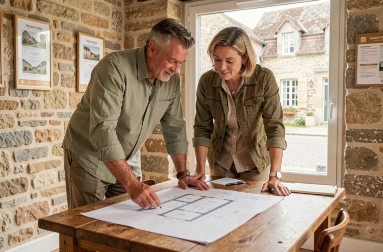 Couple examinant des plans immobiliers dans une agence de la région de Coulommiers