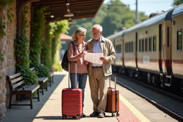 Un couple de retraités sur un quai de gare régionale consultant leur itinéraire avec le Pass Carmillon SNCF