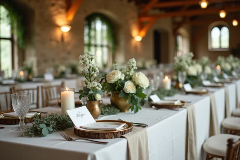 Table de mariage élégamment décorée avec roses blanches, bougeoirs en laiton et vaisselle dorée dans une grange en pierre rustique