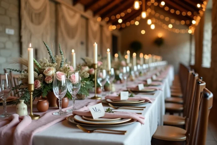 Table de réception de mariage décorée avec des fleurs, de la vaisselle dorée et des bougies dans une grange en pierre