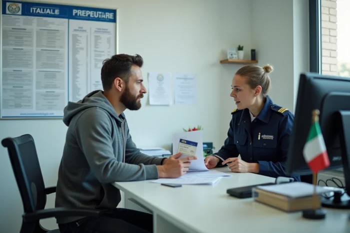 Homme présentant son permis de conduire B européen à un agent administratif dans un bureau de préfecture italienne pour conduire une moto 125cc