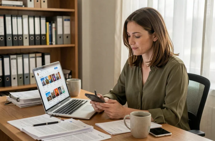 Une femme gère les démarches administratives de tutelle depuis son bureau à domicile en téléchargeant l'application Mon Proxima sur ordinateur et smartphone
