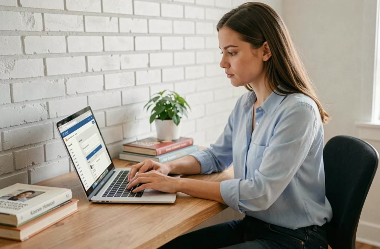 Jeune femme déposant sa candidature en ligne sur la plateforme eCandidat depuis son bureau à domicile