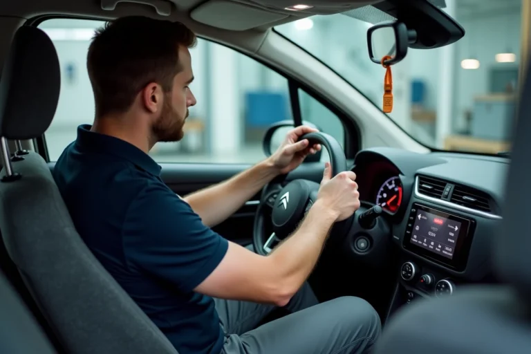 Conducteur en train de désactiver le mode économie sur le tableau de bord d'une Citroën C3 blanche