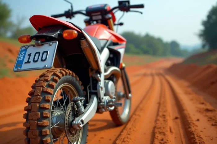 Détail arrière d'une moto cross 125 homologuée avec plaque d'immatriculation et clignotants sur une piste de terre