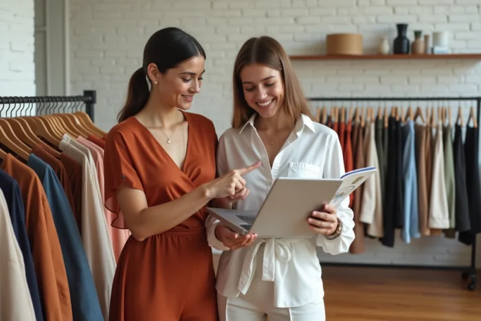 Deux femmes découvrant ensemble les dernières tendances mode en ligne dans un studio boutique lumineux