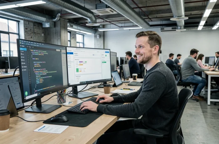 Développeur web freelance travaillant sur un double écran dans un espace de coworking moderne avec une ambiance professionnelle