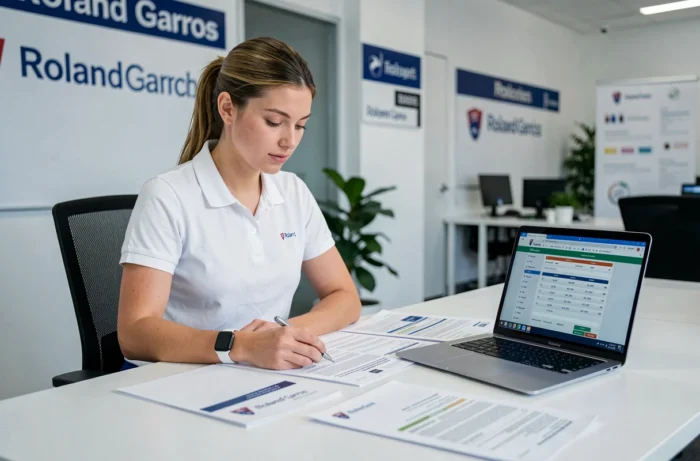 Jeune femme consultant les documents officiels d'inscription à Roland Garros dans un bureau administratif du tournoi