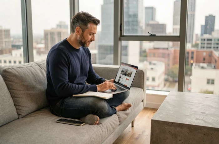 Entrepreneur masculin travaillant sur sa boutique en ligne depuis son appartement avec vue urbaine