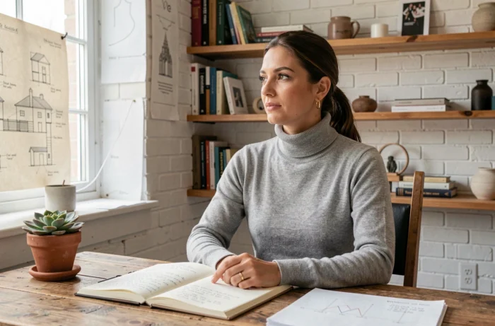 Femme entrepreneuse réfléchissant dans un bureau créatif à domicile entouré de carnets et d'objets de design, incarnant la vision et l'ambition entrepreneuriale