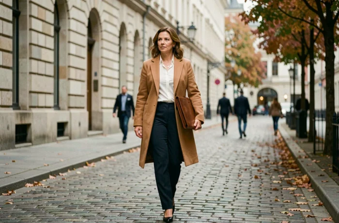 Entrepreneuse déterminée marchant dans une rue pavée européenne avec un portfolio en cuir, symbole de réussite et d'ambition féminine