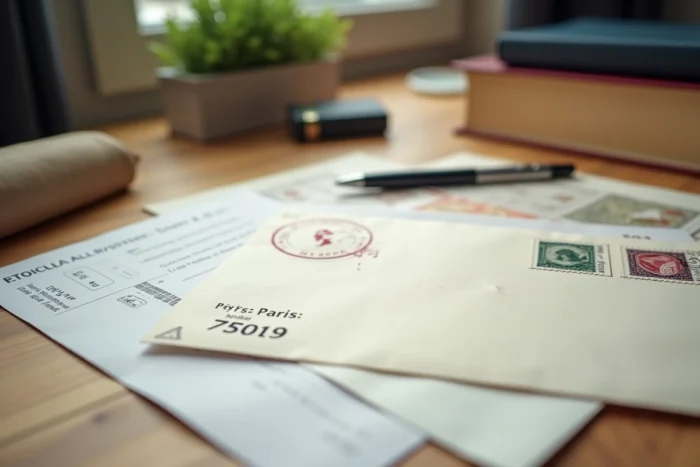 Détail d'une enveloppe administrative avec code postal 75019 Paris sur un bureau en bois