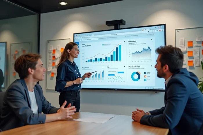 Équipe de professionnels analysant les tendances web et les innovations numériques sur un écran interactif en salle de réunion