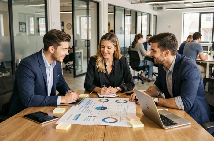Équipe de professionnels collaborant sur une stratégie de marketing digital dans un espace de coworking