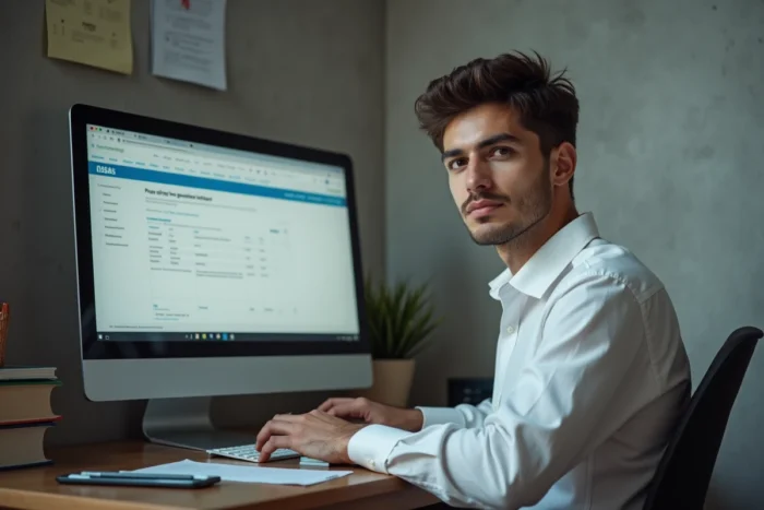 Étudiant masculin consultant son relevé de notes en ligne depuis son appartement sur ordinateur de bureau
