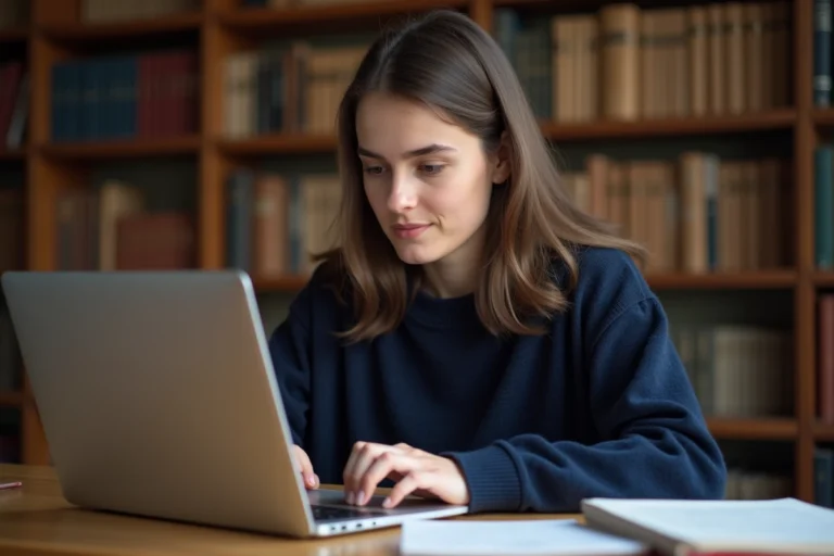 Étudiante consultant ses résultats académiques sur un ordinateur portable dans une bibliothèque universitaire