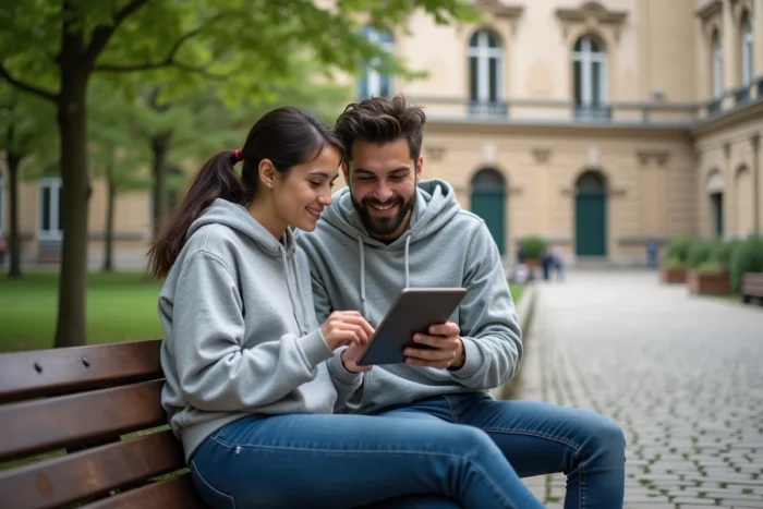 Deux étudiants consultant ensemble leurs résultats universitaires sur une tablette en extérieur sur le campus d'Assas