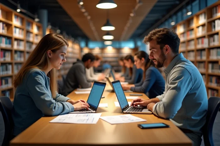 Deux étudiants collaborant sur des outils en ligne de gestion de projet et de programmation dans une bibliothèque universitaire moderne