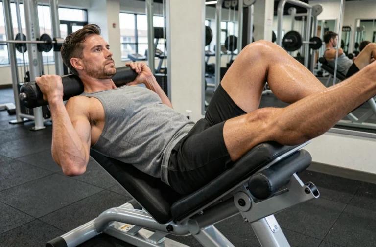 Homme effectuant des relevés de jambes sur chaise romaine pour muscler les abdominaux dans une salle de sport moderne