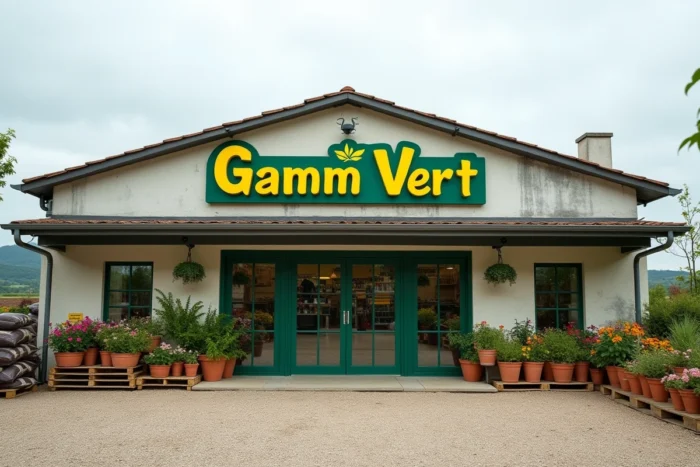 Façade extérieure d'un magasin Gamm Vert en zone rurale française avec signalétique verte et jaune
