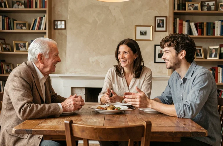 Famille multigénérationnelle réunie autour d'une table dans un appartement parisien, évoquant les liens familiaux et les histoires croisées