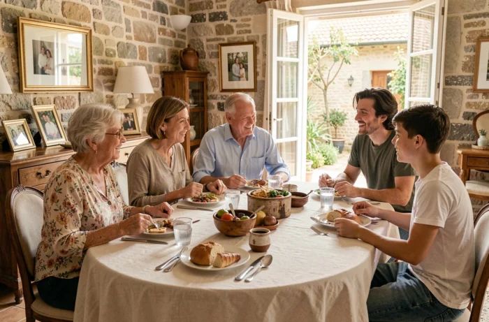 Famille multigénérationnelle réunie autour d'un repas dominical, illustrant le rôle central des grands-parents