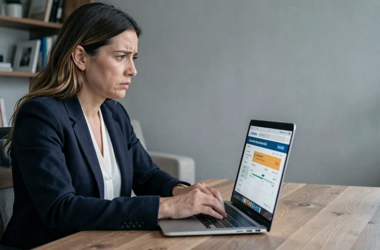 Femme inquiète regardant une alerte de sécurité sur son compte bancaire en ligne depuis son bureau à domicile