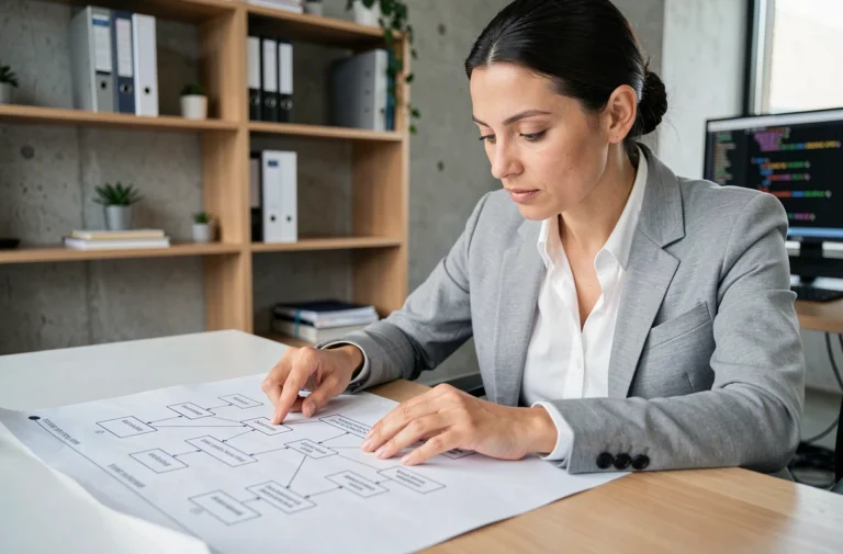 Femme professionnelle analysant un diagramme de sitemap imprimé sur un bureau de bureau moderne