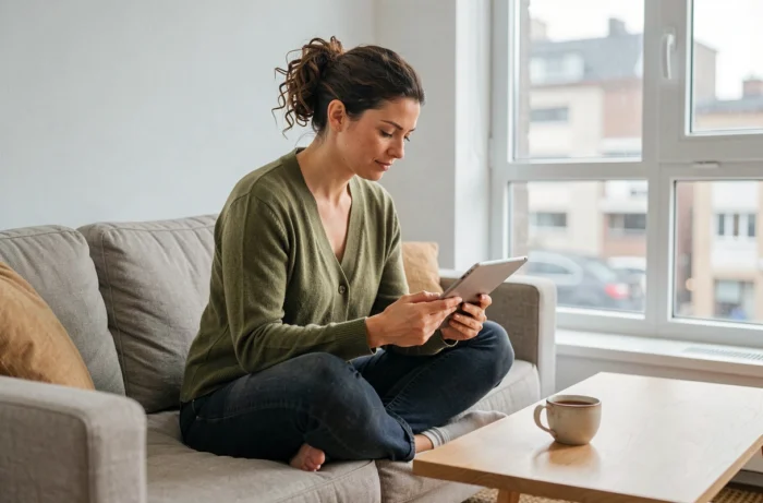 Femme auto-entrepreneuse travaillant sur une tablette depuis son salon, illustrant la flexibilité et le télétravail indépendant