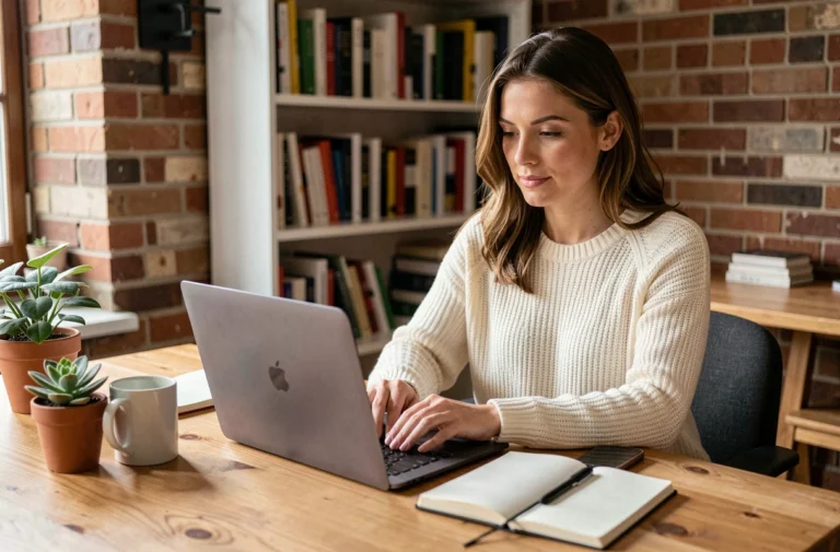 Femme blogueure travaillant sur son ordinateur portable dans un bureau à domicile cosy, prenant des notes pour améliorer son blog