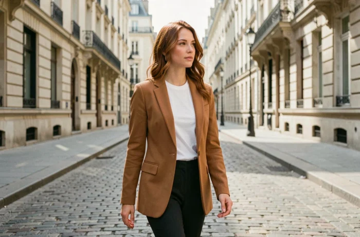 Femme attirante et assurée marchant dans une rue parisienne avec une tenue élégante et une posture naturellement charismatique