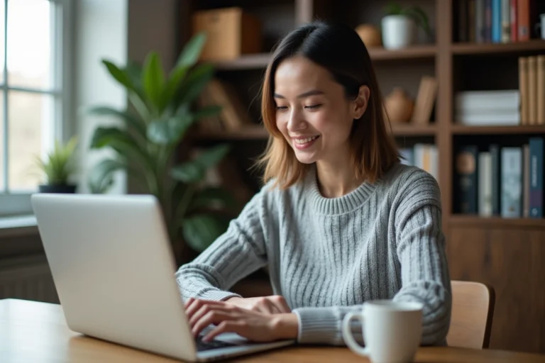 Femme consultant son compte CPF sur ordinateur portable depuis un bureau à domicile pour choisir une formation éligible