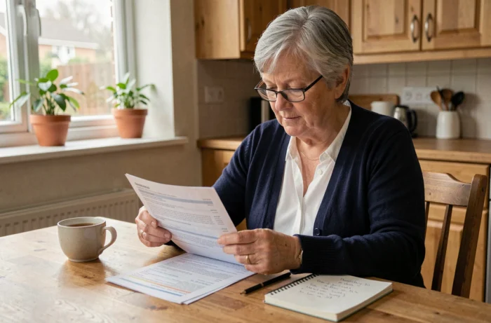 Femme d'une cinquantaine d'années consultant des documents de mutuelle santé à sa table de cuisine, avec des lunettes de lecture et un carnet de notes