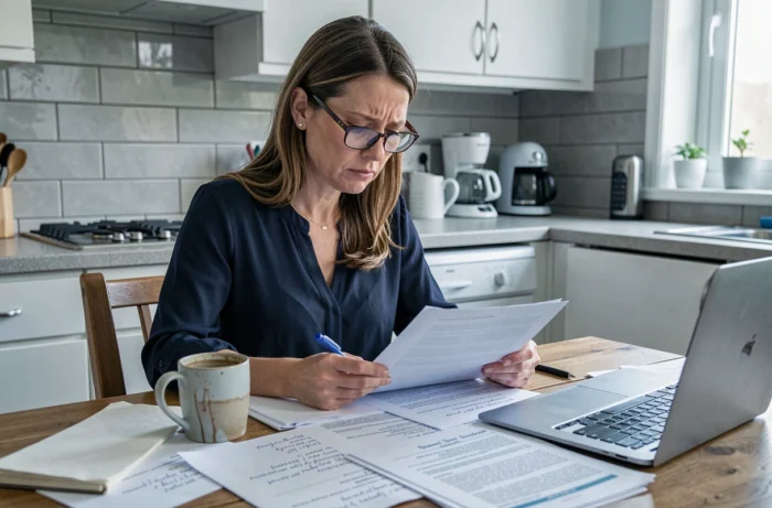 Femme seule à une table de cuisine consultant des documents juridiques pour trouver une solution à une situation d'hébergement conflictuelle