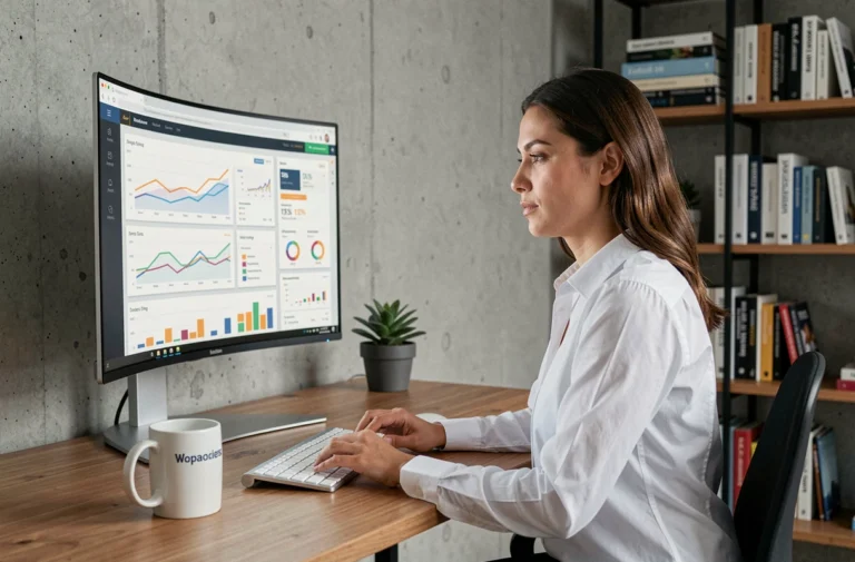 Femme entrepreneur analysant des tableaux de bord de commerce en ligne dans un bureau minimaliste moderne