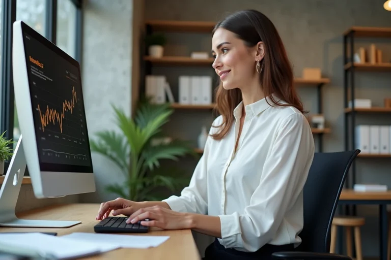 Femme entrepreneur utilisant des services en ligne sur un ordinateur dans un bureau moderne pour développer son activité