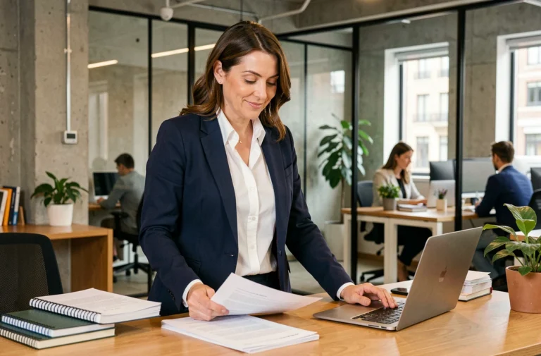 Femme entrepreneure confiante en blazer marine dans un bureau moderne, illustrant le parcours professionnel inspirant de Virginie Bustin