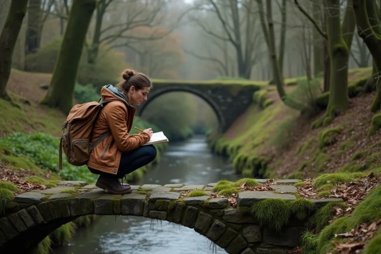 Femme explorant un pont en pierre moussu dans la campagne française, carnet de croquis en main, activité insolite en pleine nature