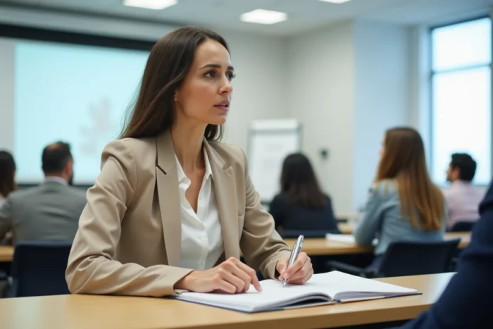 Femme en formation professionnelle éligible CPF dans une salle de cours avec prise de notes sur un cahier