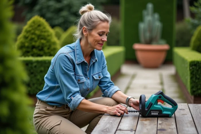 Femme inspectant la lame d'un taille-haie électrique sans fil avant de tailler des topiaires dans un jardin structuré