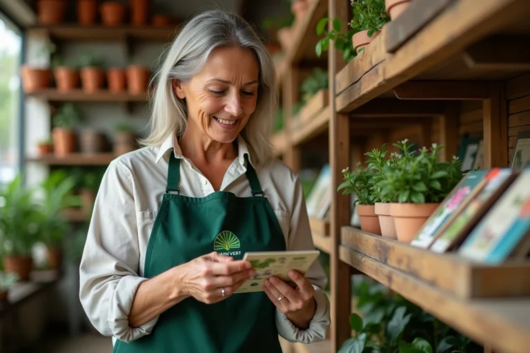 Femme examinant des sachets de graines dans un magasin Gamm Vert, rayon jardinage d'une jardinerie française