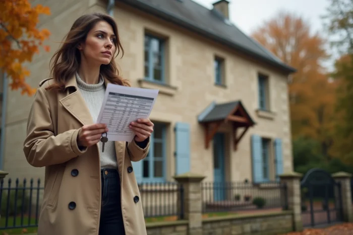 Femme devant sa maison tenant les clés et un tableau d'amortissement de son prêt immobilier hypothécaire