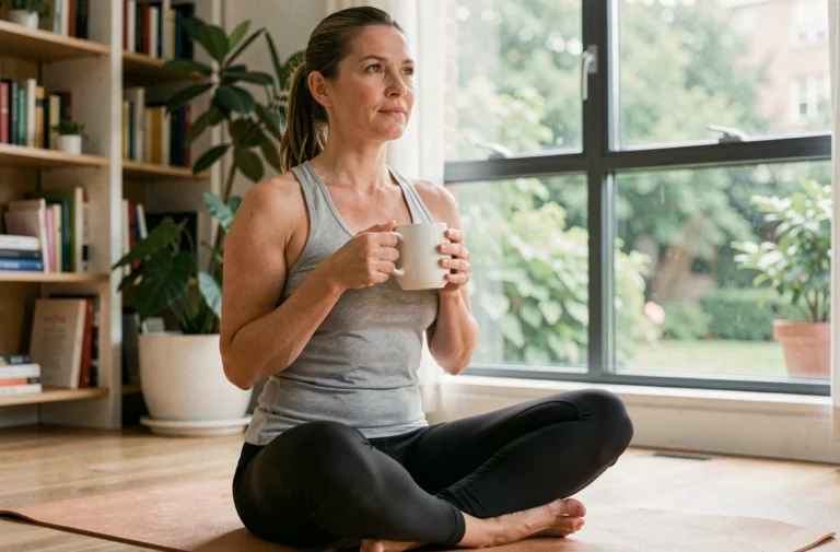 Femme en tenue de sport pratiquant la méditation avec une tasse de tisane dans un appartement lumineux avec vue sur jardin urbain