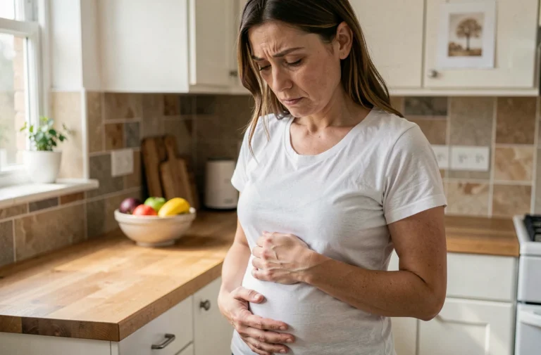 Femme tenant son ventre dans une cuisine, illustrant la prise de poids inexpliquée et ses causes possibles